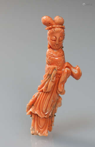 Late Qing/Republic-A Coral Carved Lady Brooch