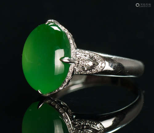 A Highly Translucent Glassy Green Jadeite Diamond Ring