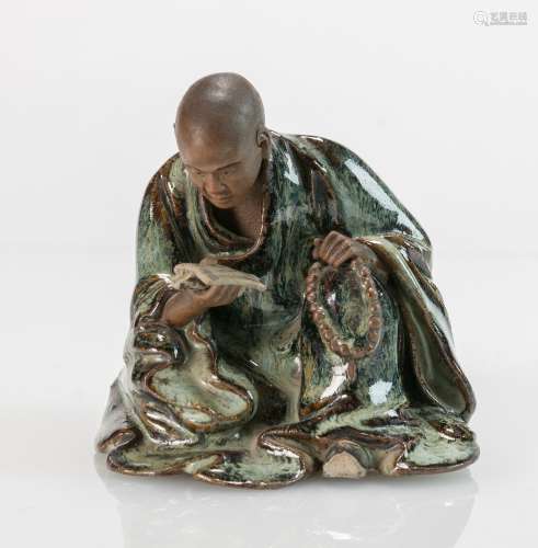 Early 20Th Century-Shi Wan-Reading Louhan With Wood Stand