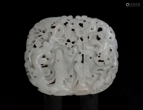 A White Jade Circular Plaque Carved Lady And Attendant