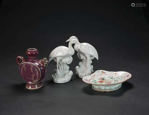 Late Qing/Republic-A Pair Of  White Glaze Crane, A Famille Glaze Dish And Red Glaze Water Jar (Total 4 Piece )