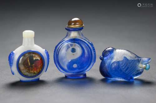 Qing-A Group Of Three Blue Glass Snuff Bottles