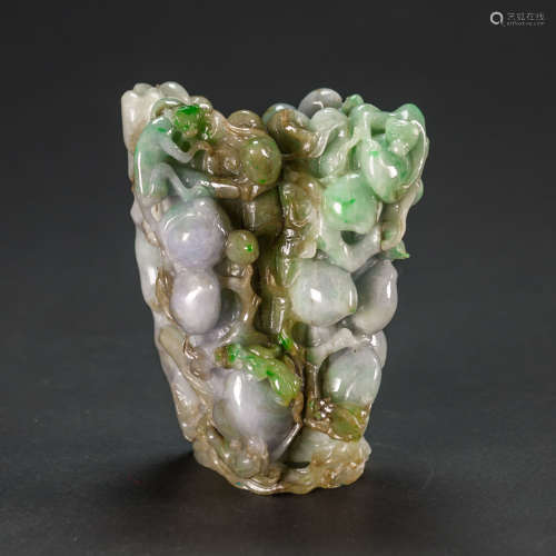 Late Qing / Republic-A Tri-Color Jadeite Vasecarved ‘Chi