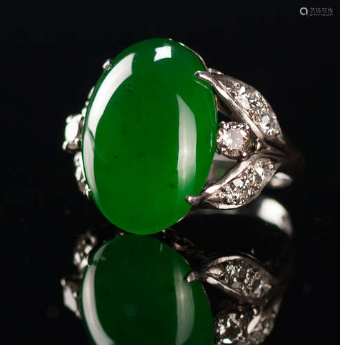 A Semi Translucent Green Jadeite Ring mounted With Diamond And 18K White Gold