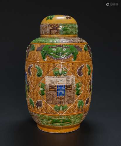 Daoguang And Of Period-Wucai Carved ‘Fu,Lu,Shou’ Lantern Vase And Cover