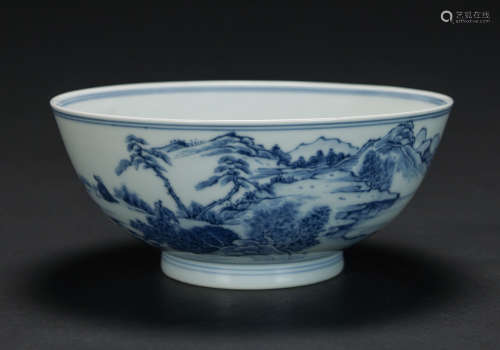 Qing Yongzheng-A Blue And White Landscape Porcelain Bowl