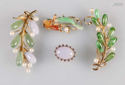 Early 20th Century-A Violet Jadeite Ring And Natural Pearl, Jadeite Brooch (4 Piece)