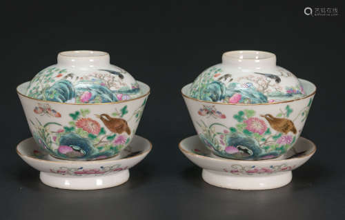 Late Qing/Republic-A Pair Of Famille-Glazed ‘Brids And Flowers’ Cover Cups With Stand
