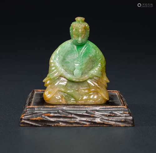 18th / 19th Century-A Beautiful Apple Green Jadeite Buddha With Wood Stand