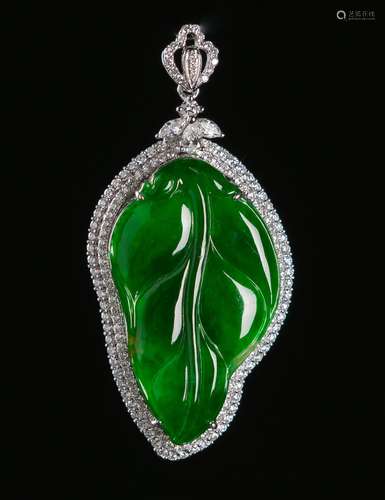 A Translucent Green Jadeite Carved ‘Leaf’ Pendant Mounted With Diamonds