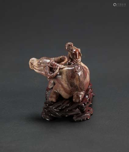 Qing-A Soapstone Carved Boy Ride On Ox With Wood Stand