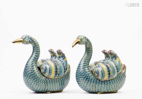 A SET OF TWO CLOISONNE MANDARIN DUCK DISPLAYS