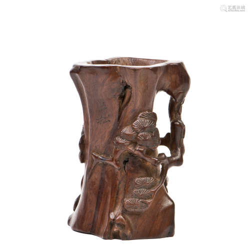 A CARVED BOXWOOD BRUSH POT SIGNED BY SHANSONG, QING DYNASTY