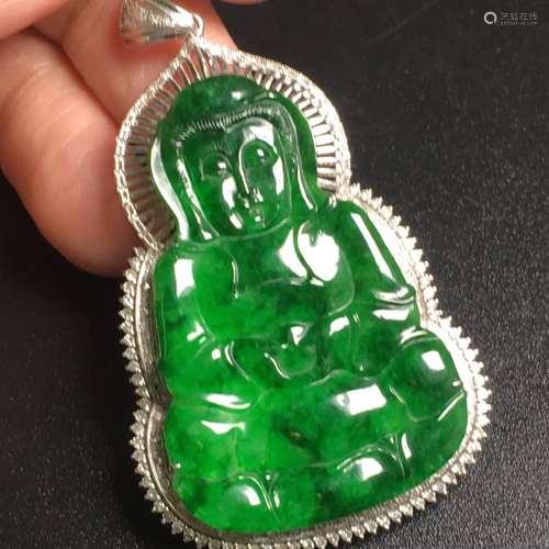 18K Gold Diamond Green Jadeite Guanyin Pendant