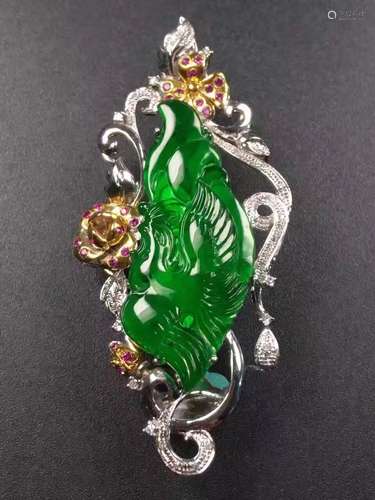 18K Gold Diamond Natural Green Jadeite Pheonix Pendant