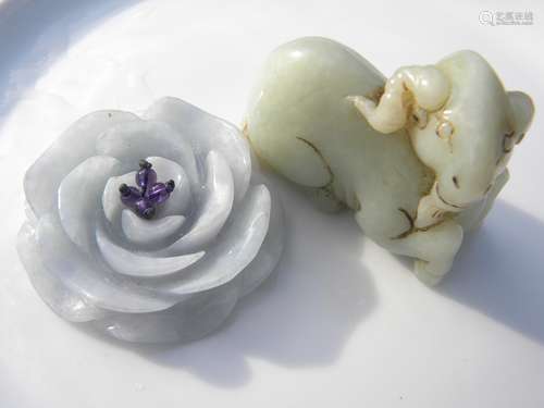 Antique Chinese Jadeite Flower and Jade Ram