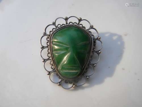 Antique Mexico Jade Sterling Brooch Pin