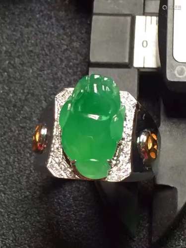 18K Gold Diamond Green Jadeite Frog Men's Ring