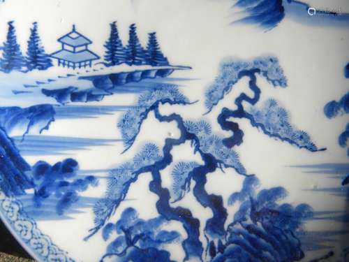 Antique Chinese Blue and White Plate Mountain Scene