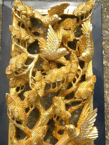 Gold Gilted Carved Wood Panel of Birds