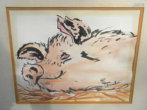 Framed Pig Painting Signed