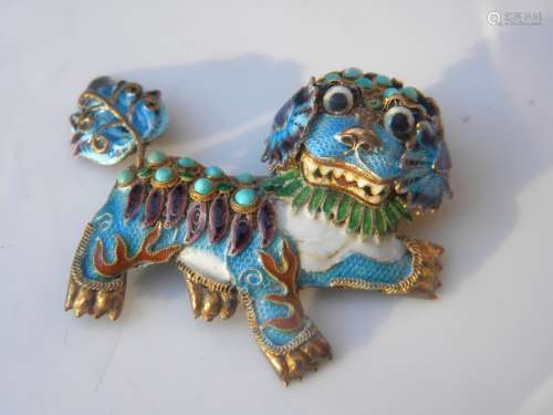 Antique Chinese Silver Filigree Foo Dog Enamel and