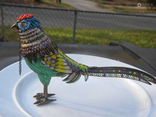 Antique Chinese Silver Enamel Bird Statue