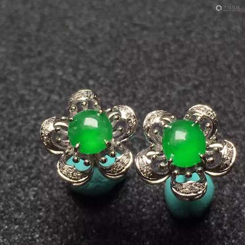 Pair of 18K Gold Natural Green Jadeite Earrings