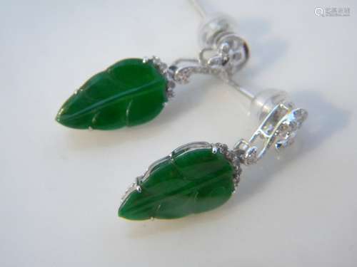 Pair of 18K Gold Diamond Natural Green Jadeite Leaf