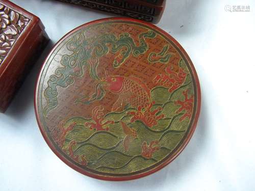 Three Antique Chinese Cinnabar Laqcuer Boxes