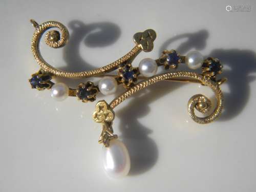 Antique 18K Gold Pearl ans Sapphaire Brooch Pin