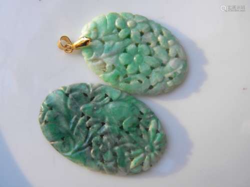 Two Antique Chinese Carved Green Jadeite Pendants