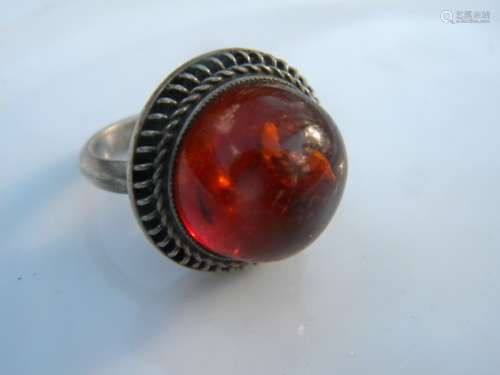 Antique Round Baltic Amber Silver Ring