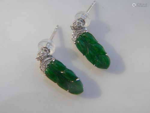 Pair of 18K Gold Diamond Natural Green Jadeite Leaf