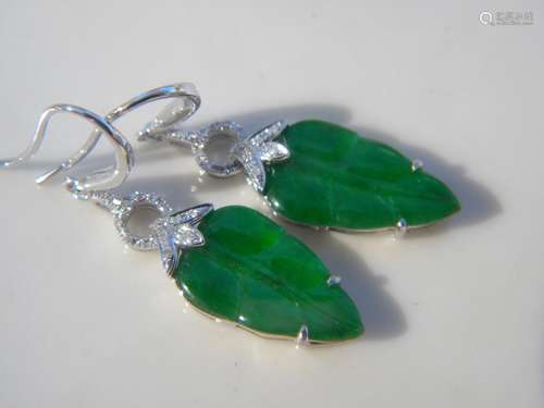 Pair of 18K Gold Diamond Natural Green Jadeite Leaf