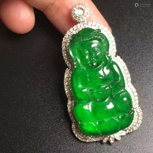 18K Gold Diamond Green Jadeite Guanyin Pendant