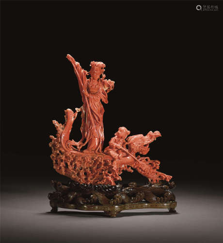 红珊瑚雕一帆风顺摆件