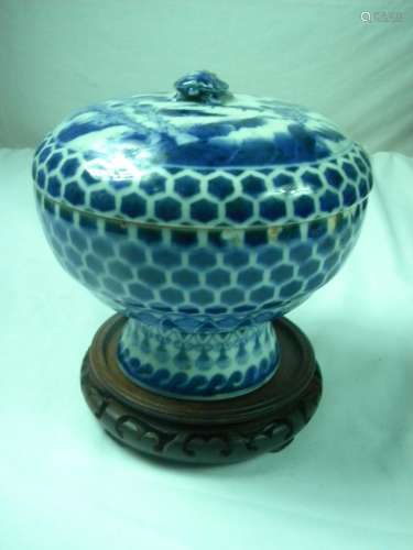 Antique Blue and White Covered Jar