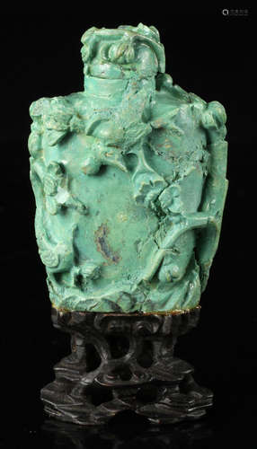 Antique Chinese Turquoise Snuff Bottle on Wood Stand