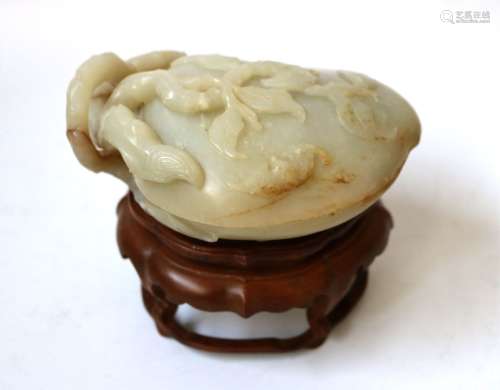 Chinese Carved Jade Box w. Wood Stand