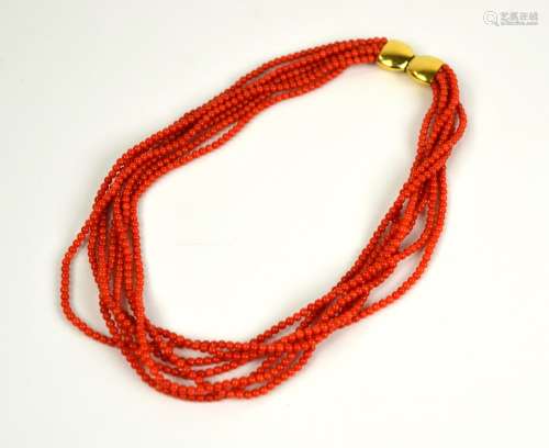 18K Gold Seven Strands Coral Beads Necklace