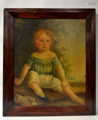 Antique Framed Oil Painting on Canvas-Child