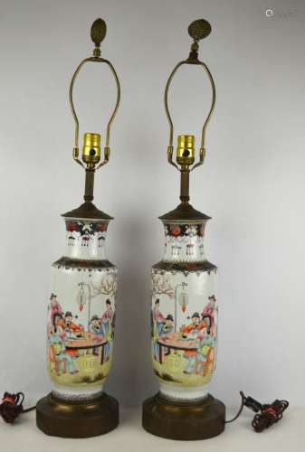 Pr Chinese Famille Rose Vases Lamp Bases