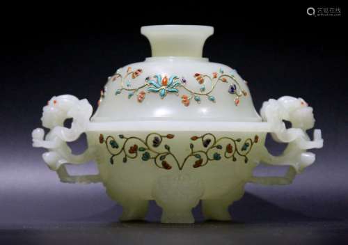 Mughal Chinese Carved Tripod Covered Jade Censer