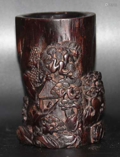 Chinese Carved Wood Brush Pot