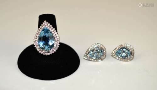 Aquamarine Earrings & Ring w. Diamond & Gold
