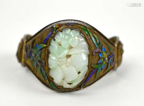 Chinese Silver Enamel Bracelet with Jadeite