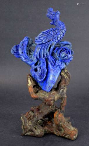 Chinese Carved Lapis Bird on Wood Stand