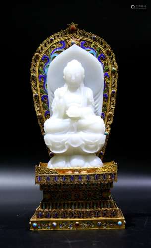 Chinese Jade Buddha Figure w Gilt Bronze Base