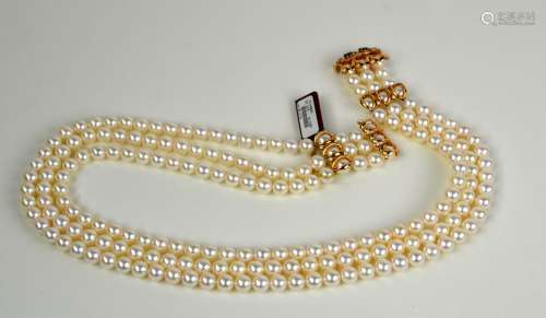 18K Gold Three Strands Pearl Beads Necklace